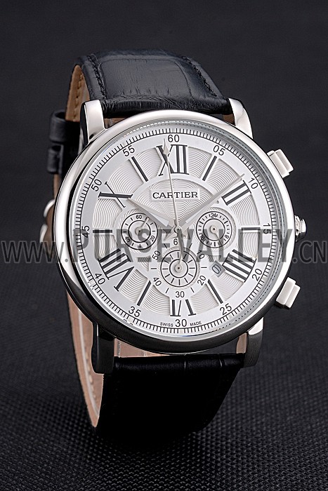 Cartier Rotonde Chronograph White Dial Stainless Steel Case Black Leather Strap