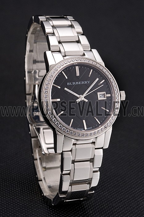Burberry The City Black Dial Diamond Bezel Stainless Steel Case And Bracelet