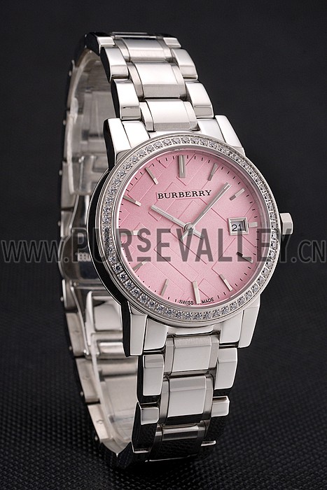 Burberry The City Pink Dial Diamond Bezel Stainless Steel Case And Bracelet