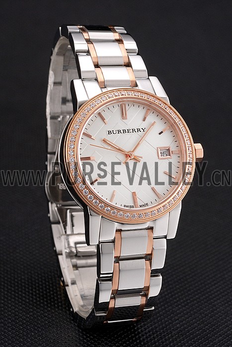 Burberry The City White Dial Rose Gold Diamond Bezel Stainless Steel Case Two Tone Bracelet