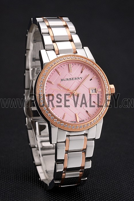 Burberry The City Pink Dial Rose Gold Diamond Bezel Stainless Steel Case Two Tone Bracelet