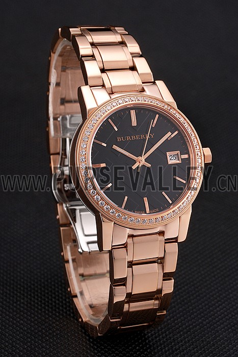 Burberry The City Black Dial Diamond Bezel Rose Gold Case And Bracelet