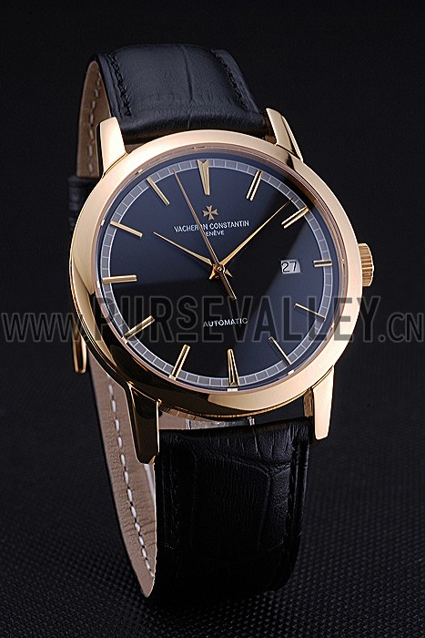 Swiss Vacheron Constantin Patrimony Traditionnelle Gold Case Black Leather Bracelet 622558