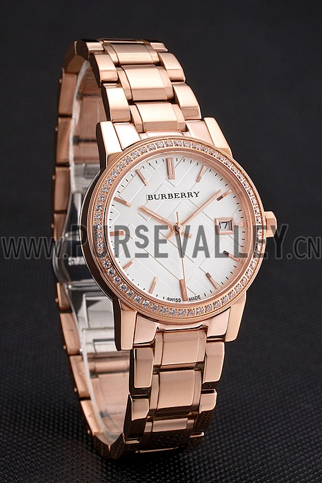 Burberry The City White Dial Diamond Bezel Rose Gold Case And Bracelet