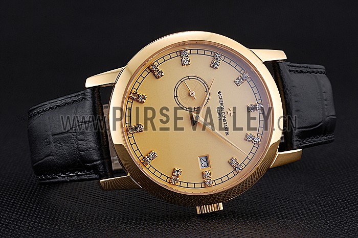 Swiss Vacheron Constantin Patrimony Contemporaine Gold Case Gold Diamond Dial Black Leather Bracelet 622682