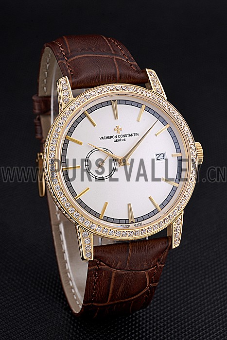 Swiss Vacheron Constantin Patrimony Contemporaine Gold Diamond Case White Dial Brown Leather Bracelet 622686