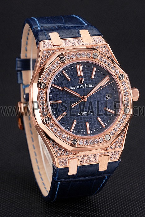 Swiss Audemars Piguet Royal Oak Blue Dial Gold Case With Diamonds Blue Leather Strap