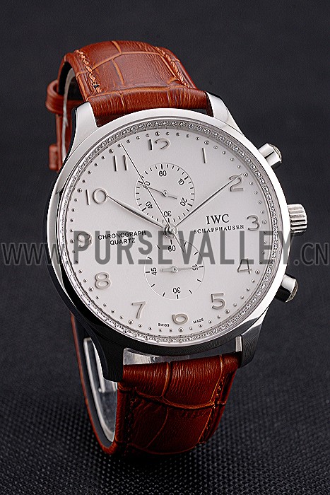 IWC Portugieser Chronograph White Dial Steel Hands And Numerals Stainless Steel Case Brown Leather Strap