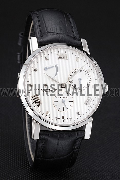 Swiss Vacheron Constantin Patrimony Quantieme Reserve De Marche White Dial Stainless Steel Case Black Leather Strap