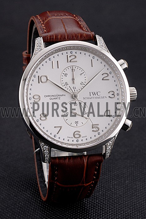 IWC Portugieser Chronograph White Dial Steel Hands And Numerals Steel Case With Diamonds Brown Leather Strap