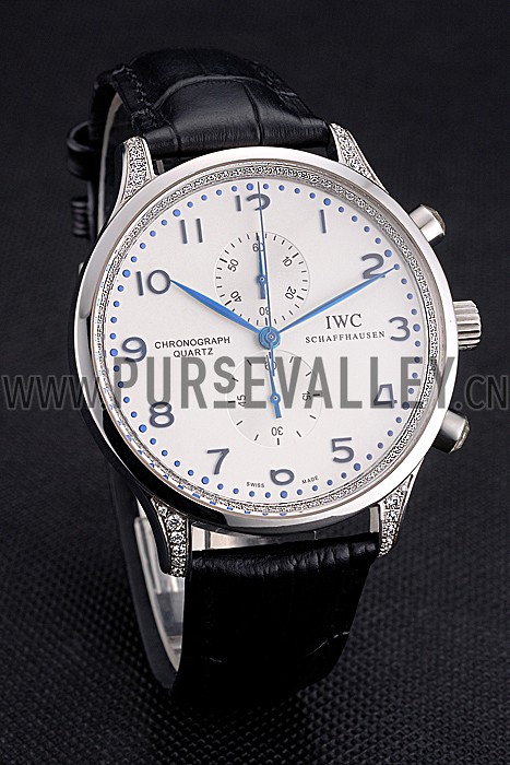 IWC Portugieser Chronograph White Dial Blue Hands And Numerals Steel Case With Diamonds Black Leather Strap