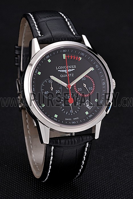 Longines Column Wheel Black Dial Silver Stainless Steel Case Black Leather Strap