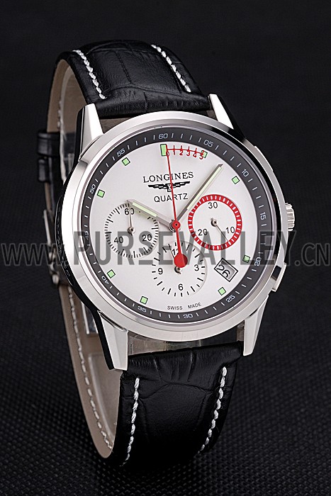 Longines Column Wheel White Dial Silver Stainless Steel Case Black Leather Strap