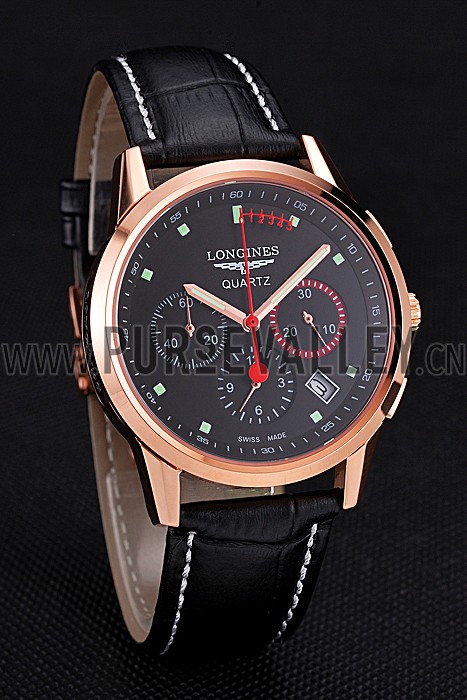 Longines Column Wheel Black Dial Gold Case Black Leather Strap
