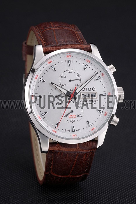 Mido Multifort Chronograph Gray Dial Stainless Steel Case Brown Leather Strap