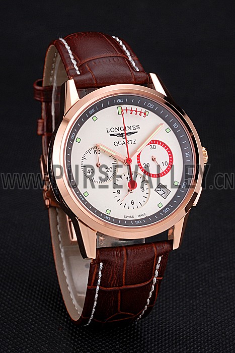 Longines Column Wheel White Dial Gold Case Brown Leather Strap