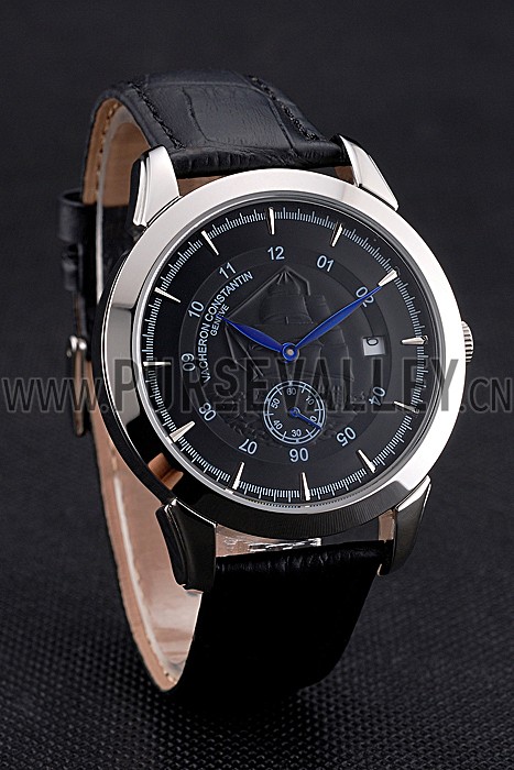 Vacheron Constantin Traditionnelle Black Ship Dial Stainless Steel Case Black Leather Strap