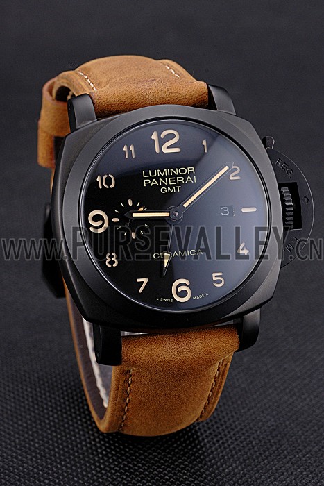 Panerai Luminor 1950 GMT Ceramica Black Dial Matte Black Case Brown Suede Leather Strap