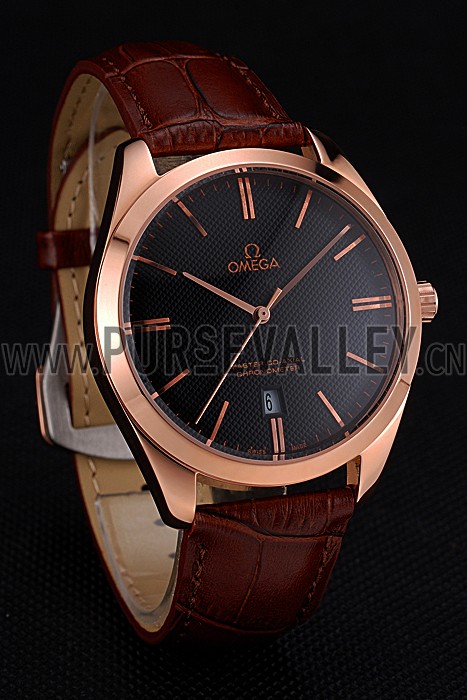 Omega Tresor Master Co-Axial Black Dial Rose Gold Case Brown Leather Strap