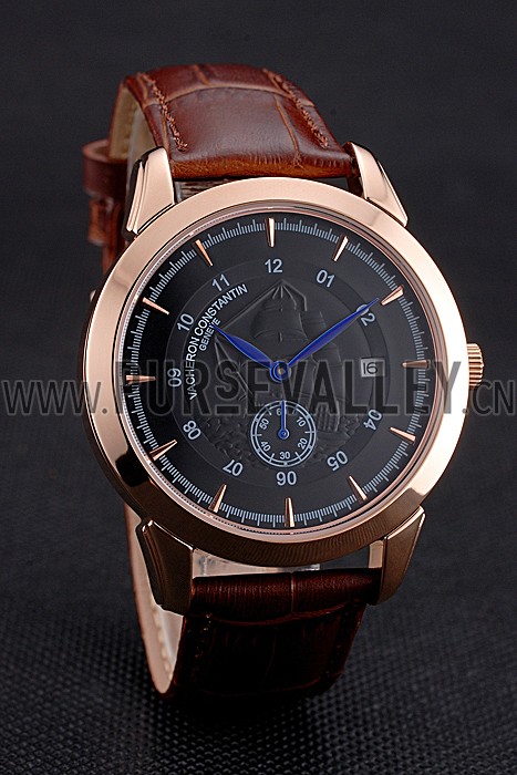 Vacheron Constantin Traditionnelle Black Ship Dial Rose Gold Case Brown Leather Strap