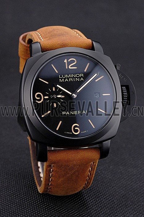 Panerai Luminor Marina Black Dial Matte Black Steel Case Brown Suede Leather Strap