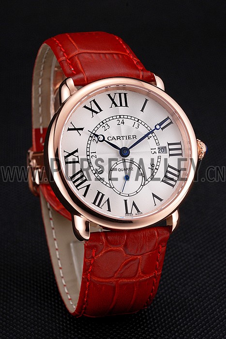 Cartier Ronde Louis Cartier White Dial Gold Case Red Leather Strap