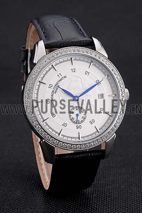 Vacheron Constantin Traditionnelle White Ship Dial Stainless Steel Case With Diamonds Black Leather Strap
