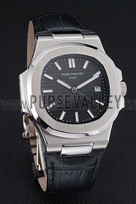 Patek Philippe Nautilus Black Dial Brushed Stainless Steel Case Black Leather Strap