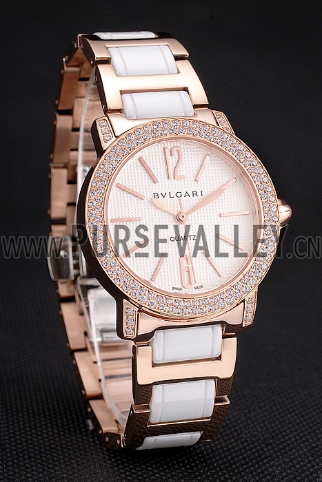Bvlgari Bvlgari White Embossed Dial Gold Case Diamond Bezel Two Tone Bracelet