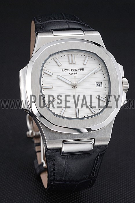 Patek Philippe Nautilus White Dial Brushed Stainless Steel Case Black Leather Strap