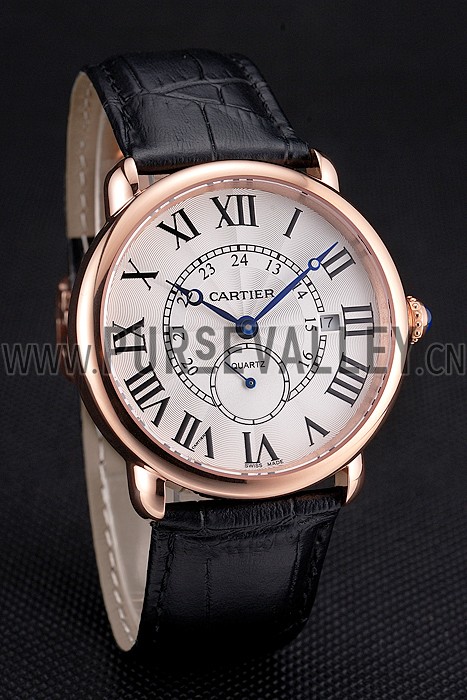 Cartier Ronde Louis Cartier White Dial Gold Case Black Leather Strap