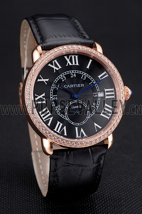 Cartier Ronde Louis Cartier Black Dial Gold Case Diamond Bezel Black Leather Strap