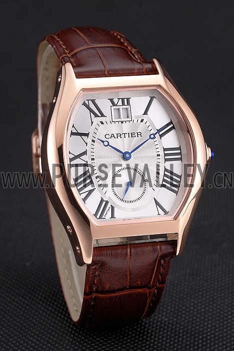 Cartier Tortue Large Date White Dial Gold Case Brown Leather Strap