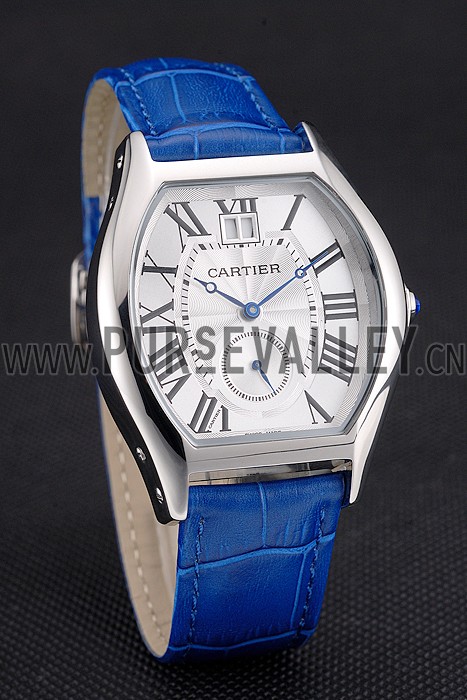 Cartier Tortue Large Date White Dial Stainless Steel Case Blue Leather Strap