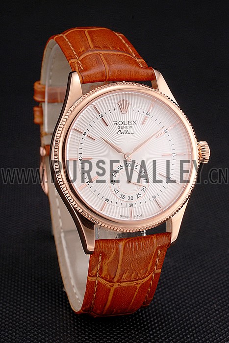 Swiss Rolex Cellini White Dial Rose Gold Case Light Brown Leather Strap