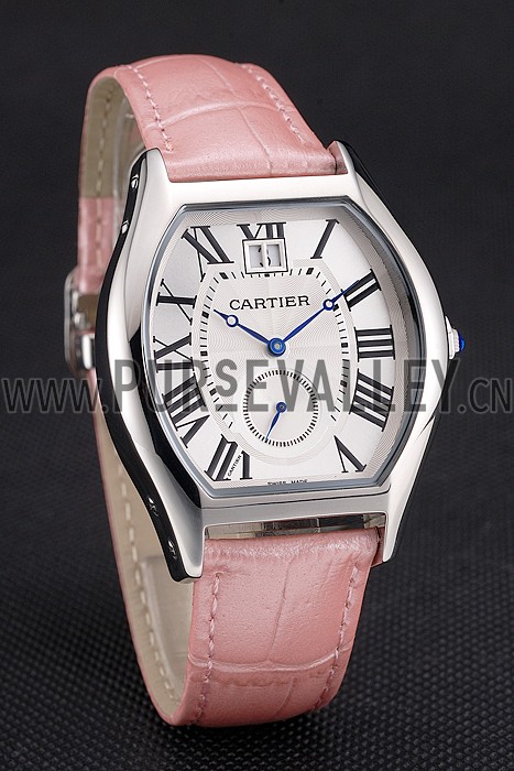 Cartier Tortue Large Date White Dial Stainless Steel Case Pink Leather Strap