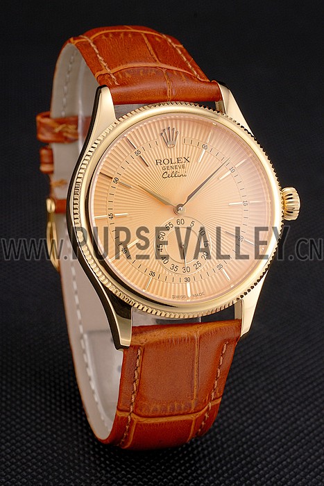 Swiss Rolex Cellini Gold Dial Gold Case Light Brown Leather Strap