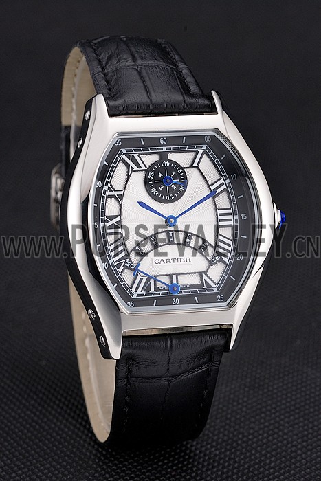Cartier Tortue Perpetual Calendar White Dial Stainless Steel Case Black Leather Strap
