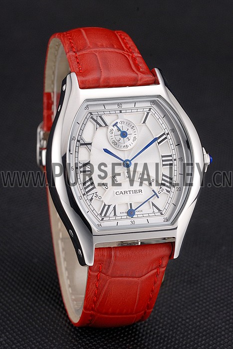 Cartier Tortue Perpetual Calendar White Dial Stainless Steel Case Red Leather Strap