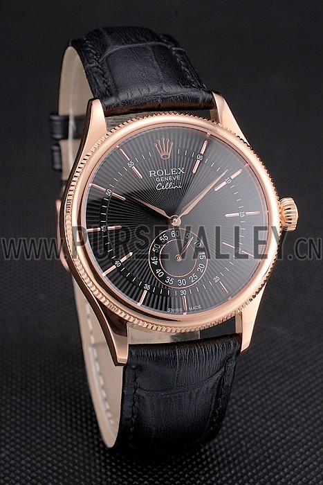 Swiss Rolex Cellini Black Dial Rose Gold Case Black Leather Strap