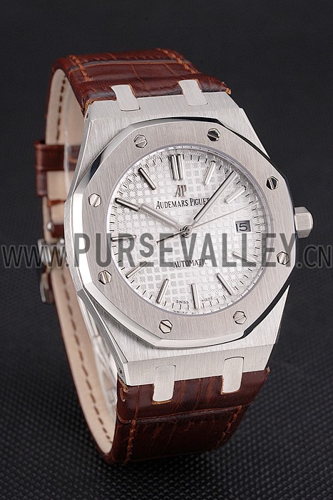 Swiss Audemars Piguet Royal Oak White Dial Stainless Steel Case Brown Leather Strap