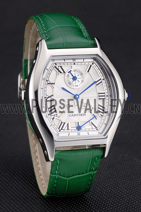 Cartier Tortue Perpetual Calendar White Dial Stainless Steel Case Green Leather Strap