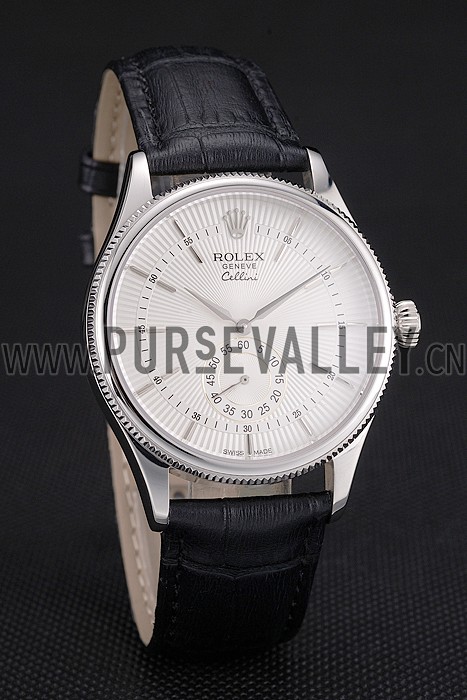 Swiss Rolex Cellini White Dial Stainless Steel Case Black Leather Strap