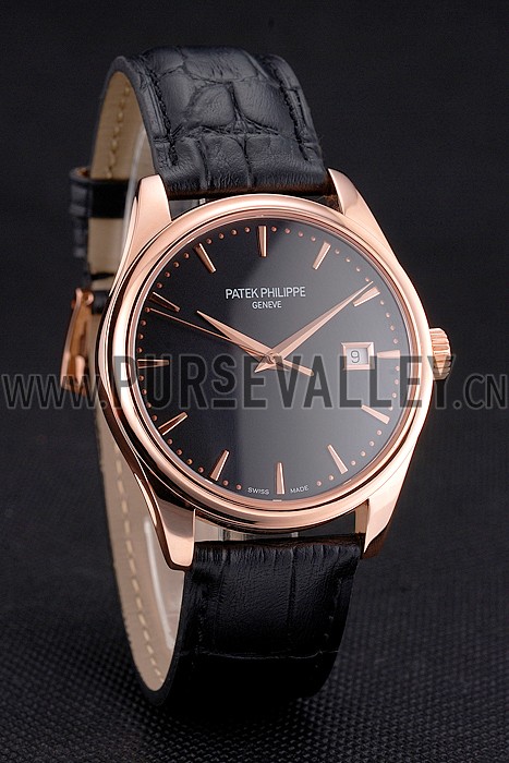 Swiss Patek Philippe Calatrava Black Dial Rose Gold Case Black Leather Strap