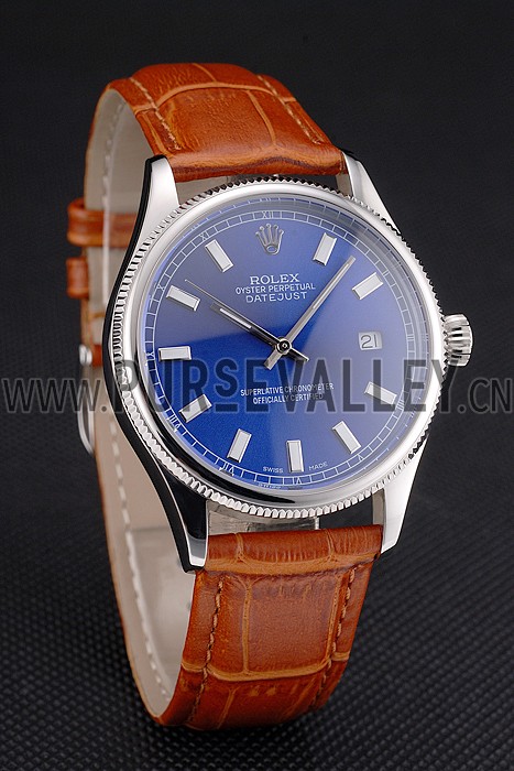 Swiss Rolex Datejust Blue Dial Stainless Steel Case Light Brown Leather Strap