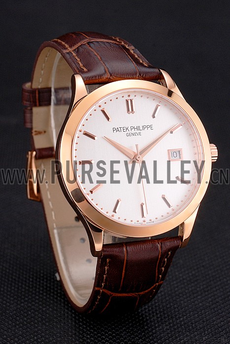 Swiss Patek Philippe Calatrava White Dial Rose Gold Case Brown Leather Strap