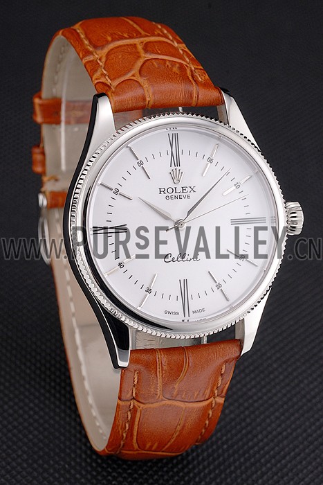 Swiss Rolex Cellini White Dial Roman Numerals Stainless Steel Case Light Brown Leather Strap