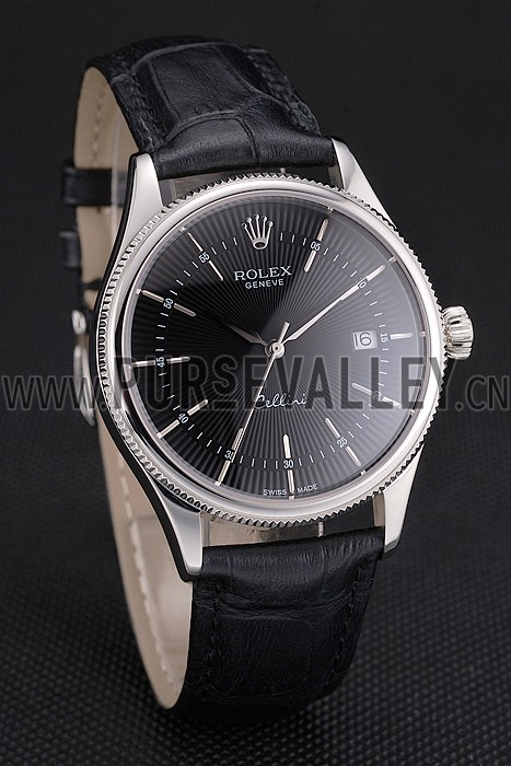 Swiss Rolex Cellini Date Black Dial Stainless Steel Case Black Leather Strap