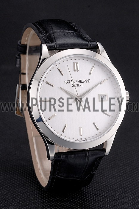 Swiss Patek Philippe Calatrava Silver Dial Stainless Steel Case Black Leather Strap
