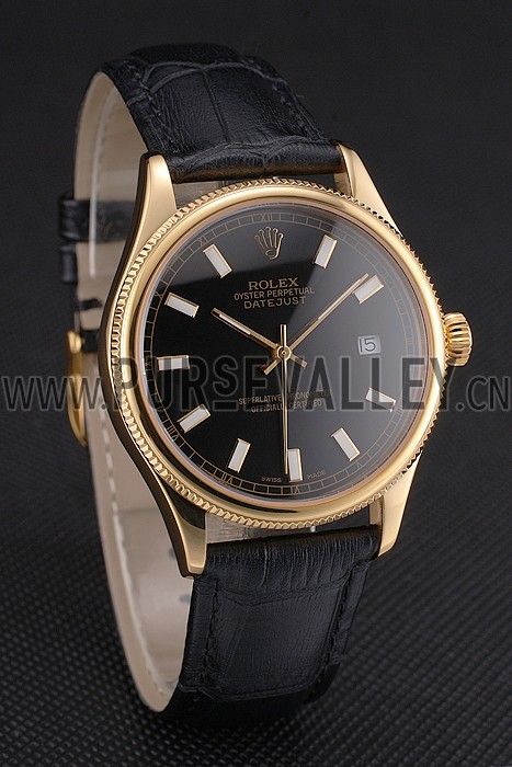 Swiss Rolex Datejust Black Dial Gold Case Black Leather Strap